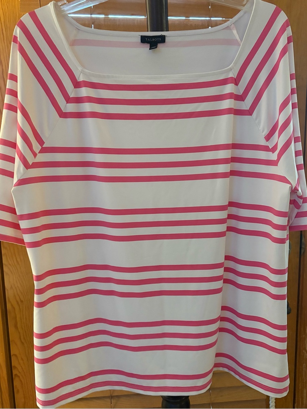 Talbots Cream and Pink Striped Square-Necked Short Sleeve Top XL